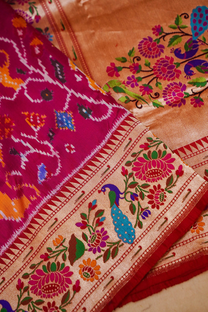 Handwoven Rani Pure Ikkat Weaving Katan Silk Paithani Saree View 3