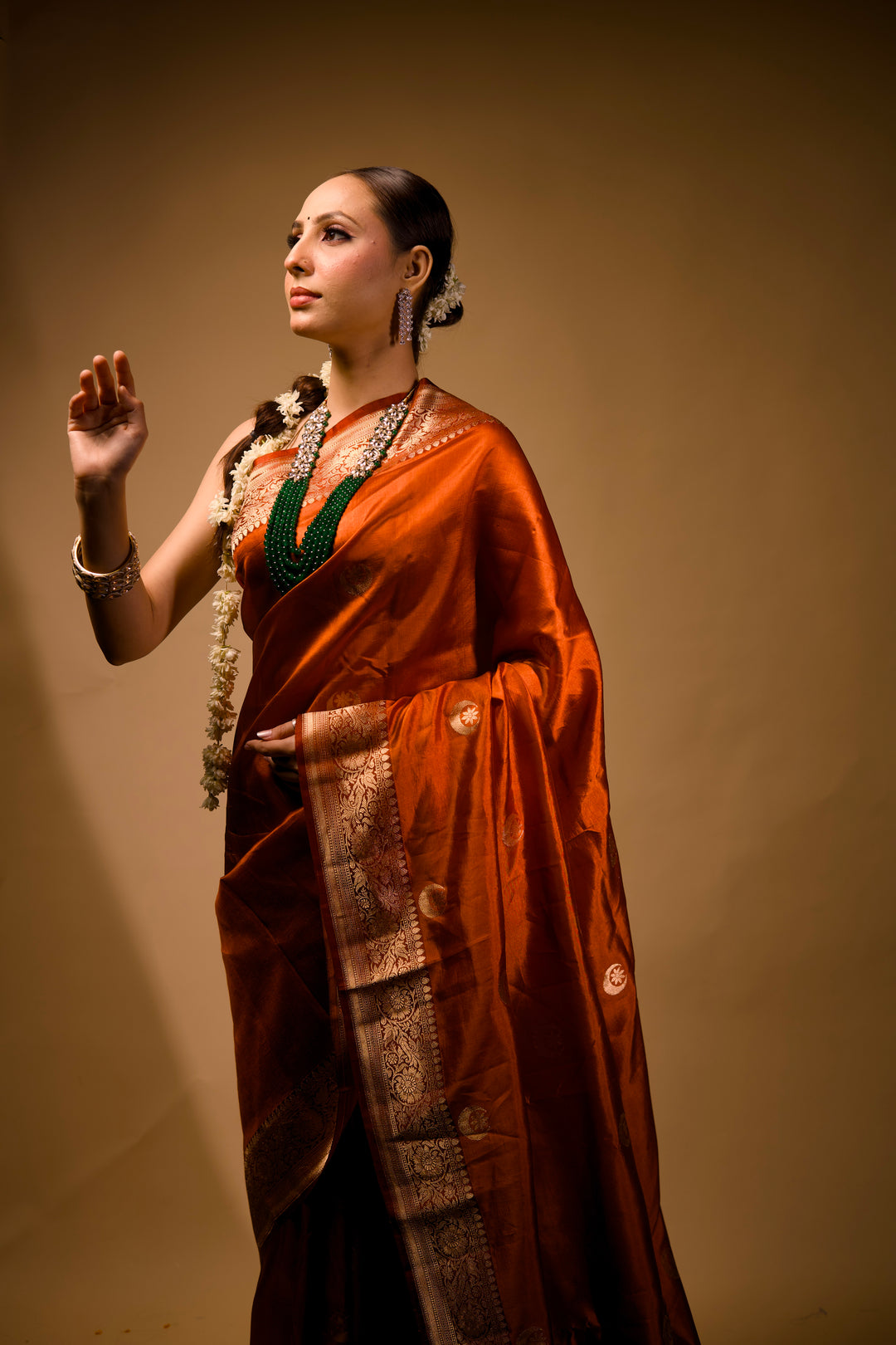 Sonakshi Sinha Inspired Rust Orange Pure Katan Silk Chand Boota Banarasi Saree View 2
