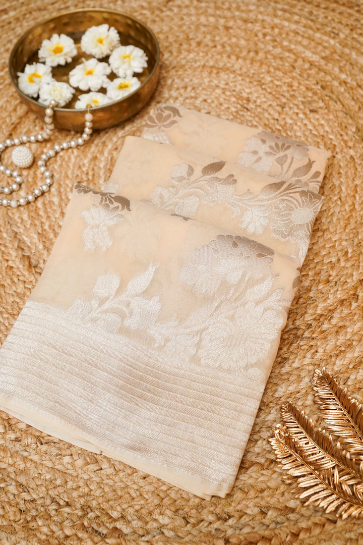 Cream Pure Georgette Saree with Zari Weave Jangla Design
