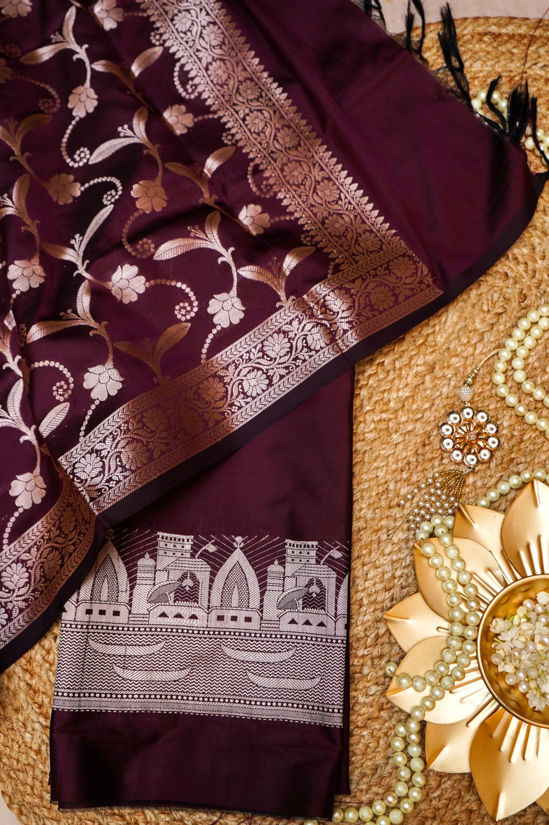 Dark Plum Banarasi Ghat Design Modal Silk Unstitched Suit Set View 1