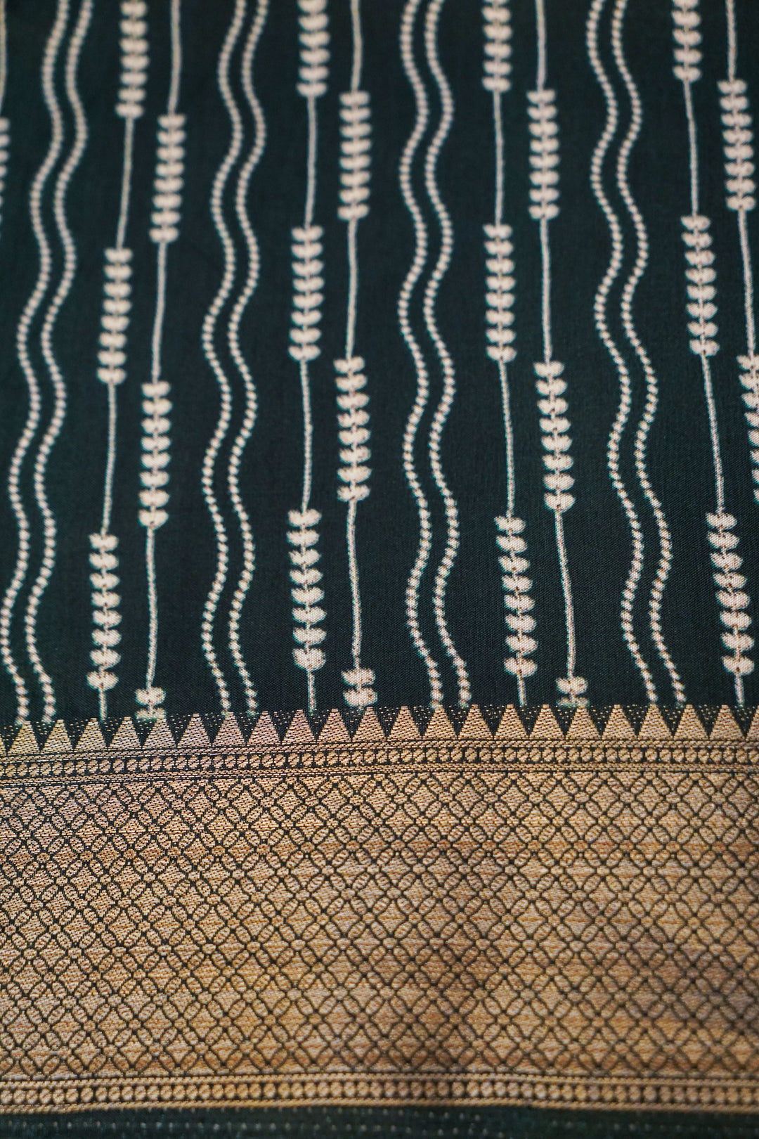 Mustard Crepe Silk Saree with Green Contrast Nandi Motif Pallu &amp; Border