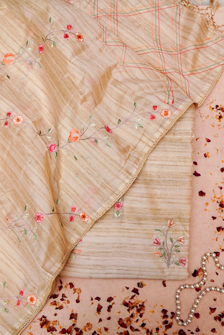 Beige Gold Chanderi Tussar Silk Suit with Thread Embroidery and Parsi Work
