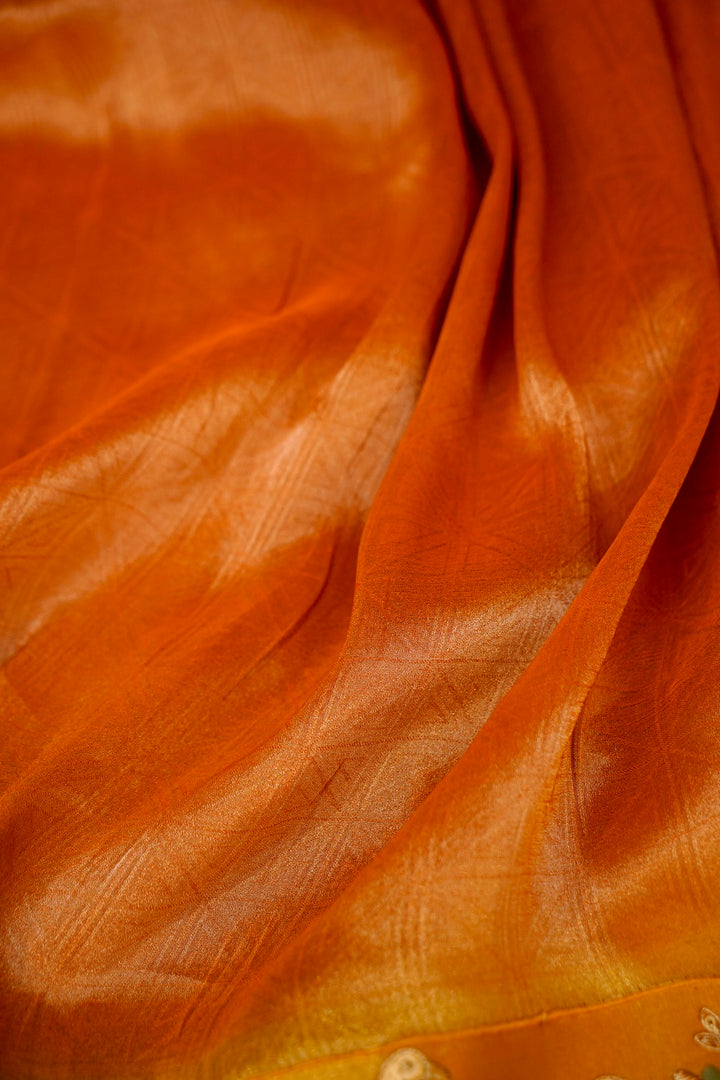 Designer Rust Orange Tissue Silk Meenakari Embroidery Saree View 8