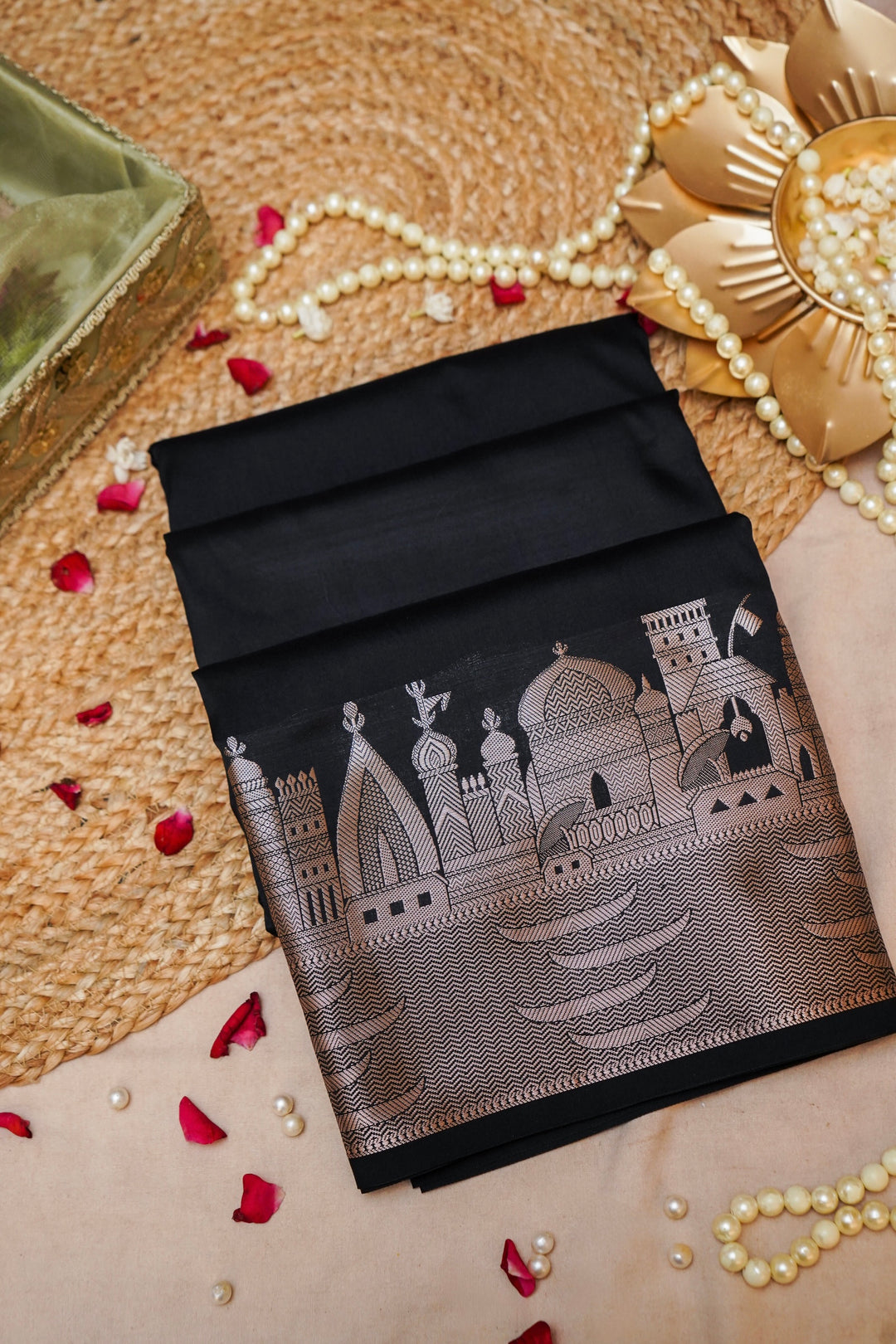 Midnight Heritage Black Modal Silk Banarasi Ghat Design Saree