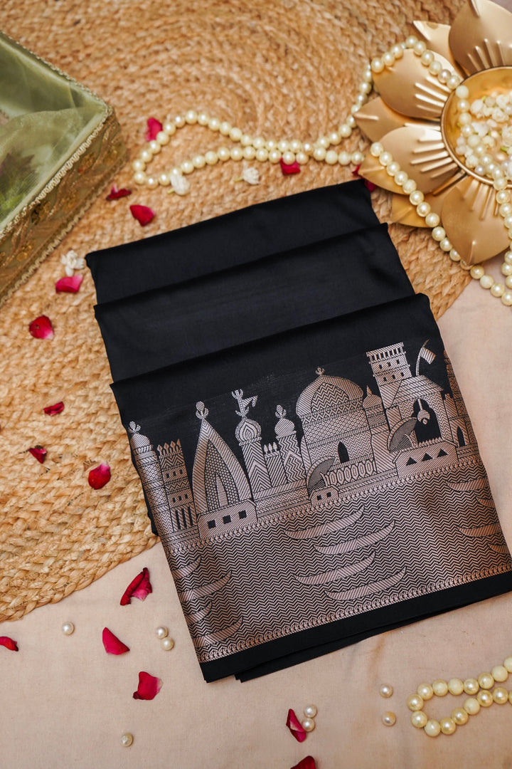 Midnight Heritage Black Modal Silk Banarasi Ghat Design Saree