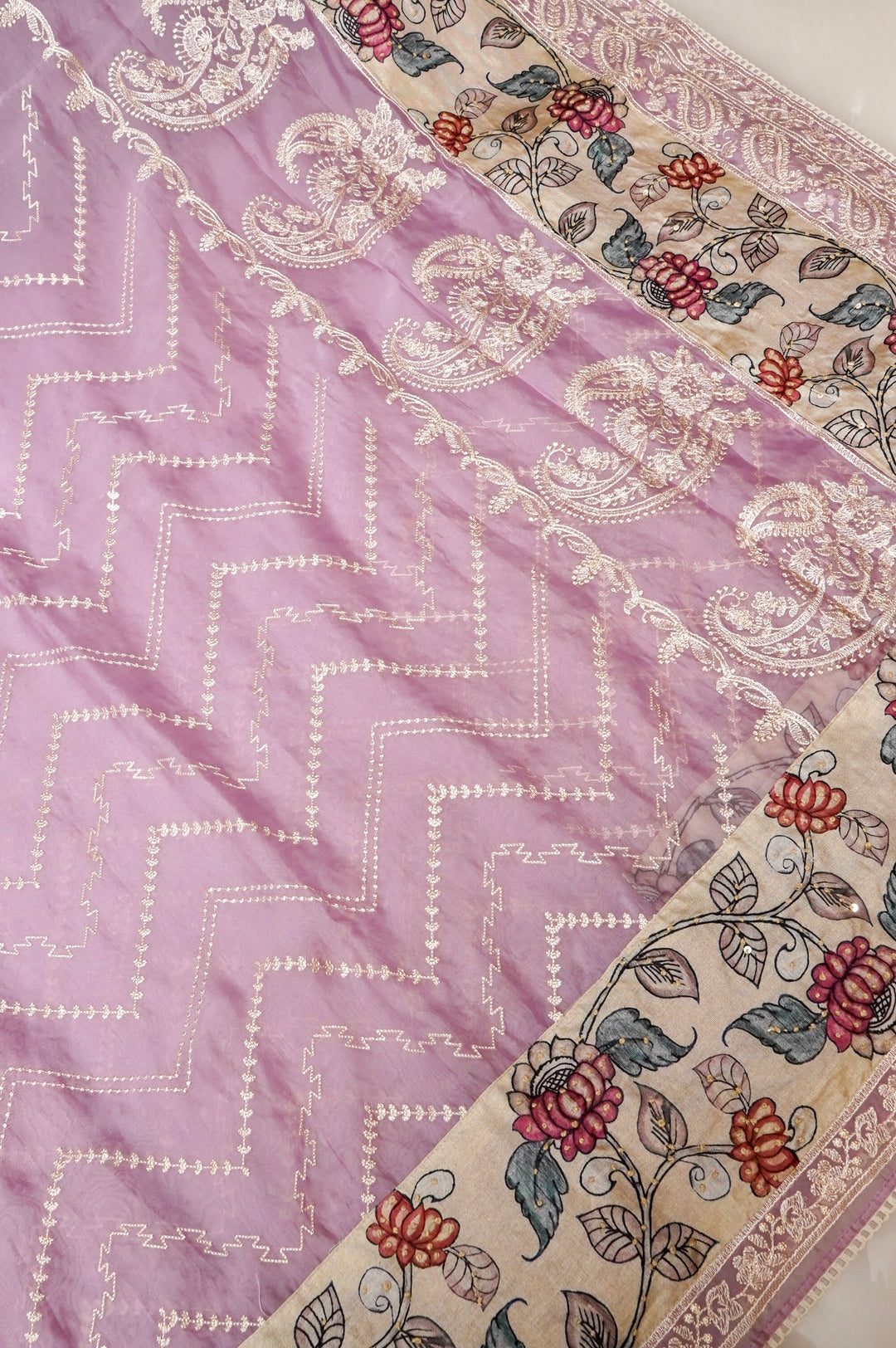 Elegant Organza Saree with Kalamkari Border & Katha-Resham Embroidery
