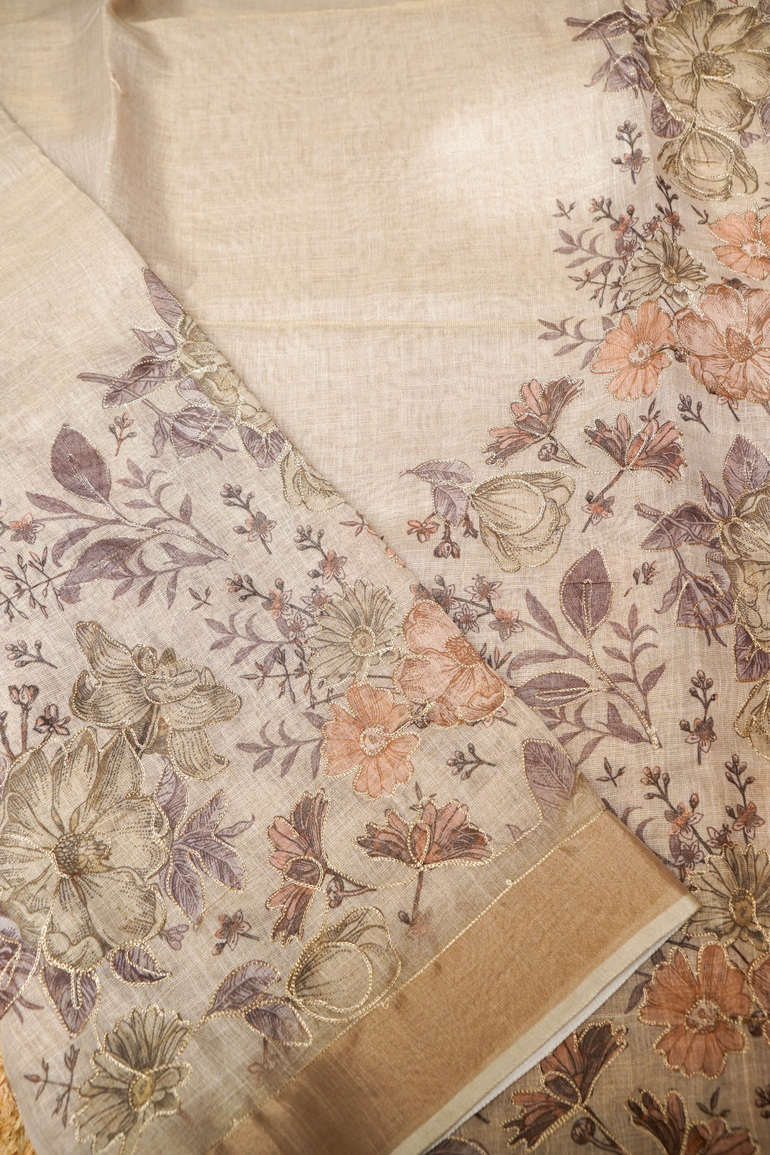 Off White Chanderi Tissue Saree with Aari Taari Embroidery Work