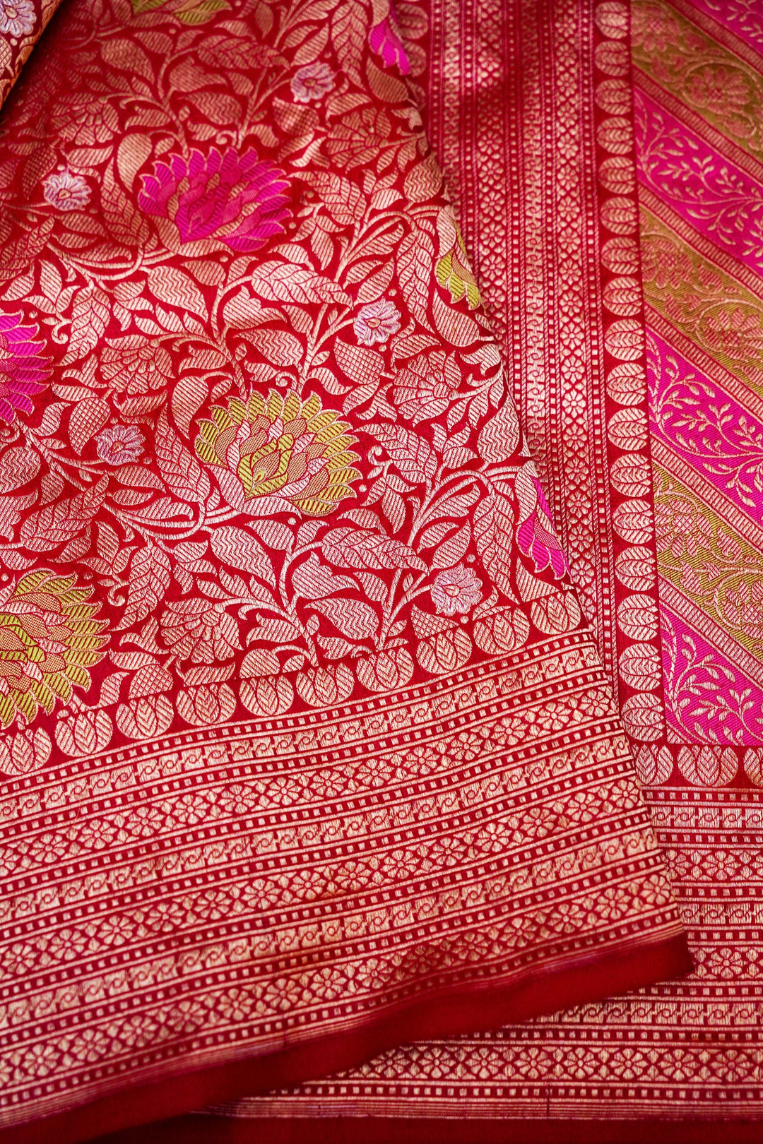Timeless Red Brocade Meenakari Katan Silk Bridal Saree Handwoven Heritage Elegance