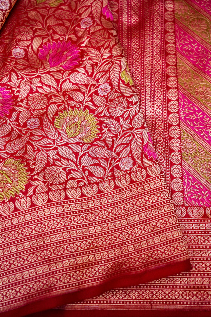 Timeless Red Brocade Meenakari Katan Silk Bridal Saree Handwoven Heritage Elegance