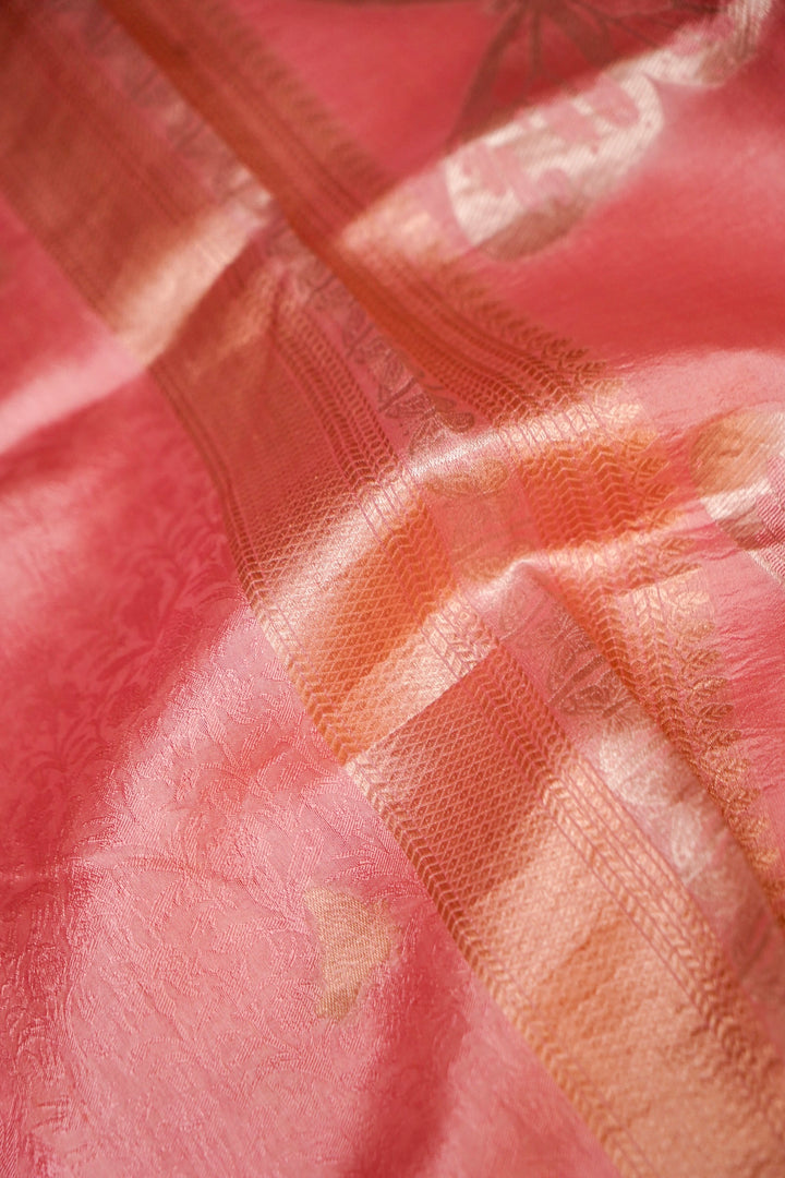 Blush Baby Pink Banarasi Handloom Pure Tanchoi Saree Closeup View 2