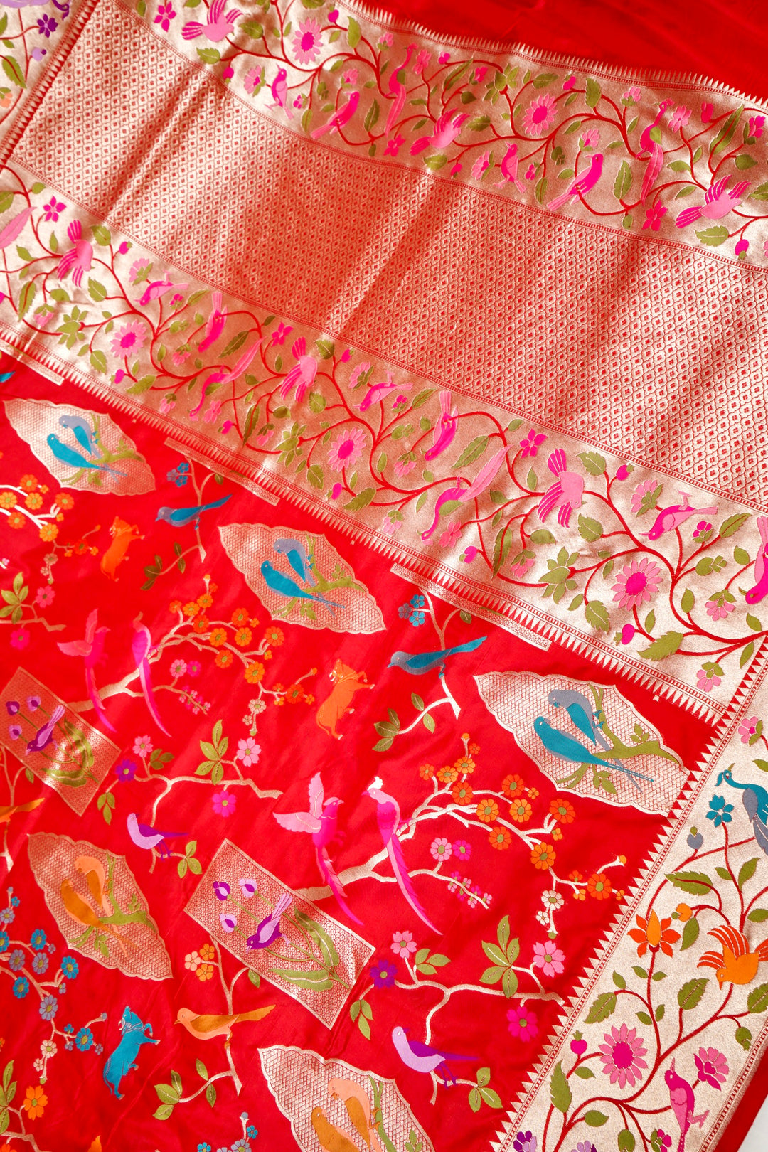 Red Pure Banarasi Handloom Katan Silk Kimkhwab Meenakari Birds Motif Saree
