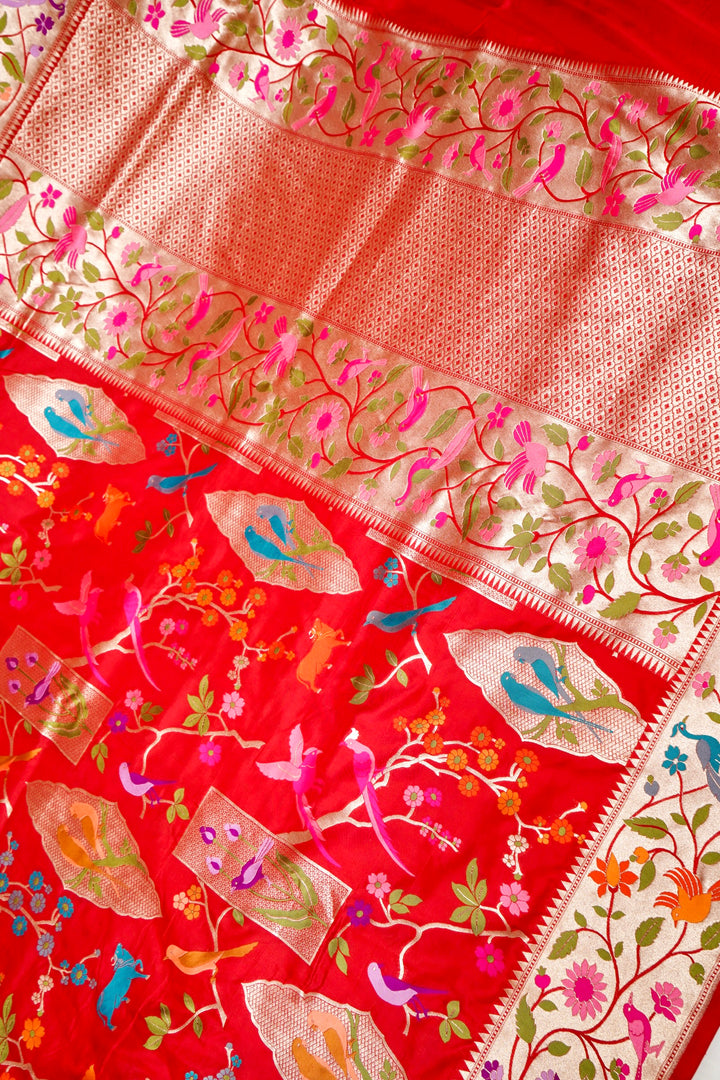 Red Pure Banarasi Handloom Katan Silk Kimkhwab Meenakari Birds Motif Saree