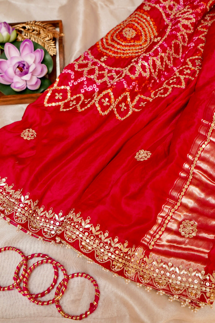 Pure Rani Pink Gajji Silk Gharchola Saree with Hand Embroidery