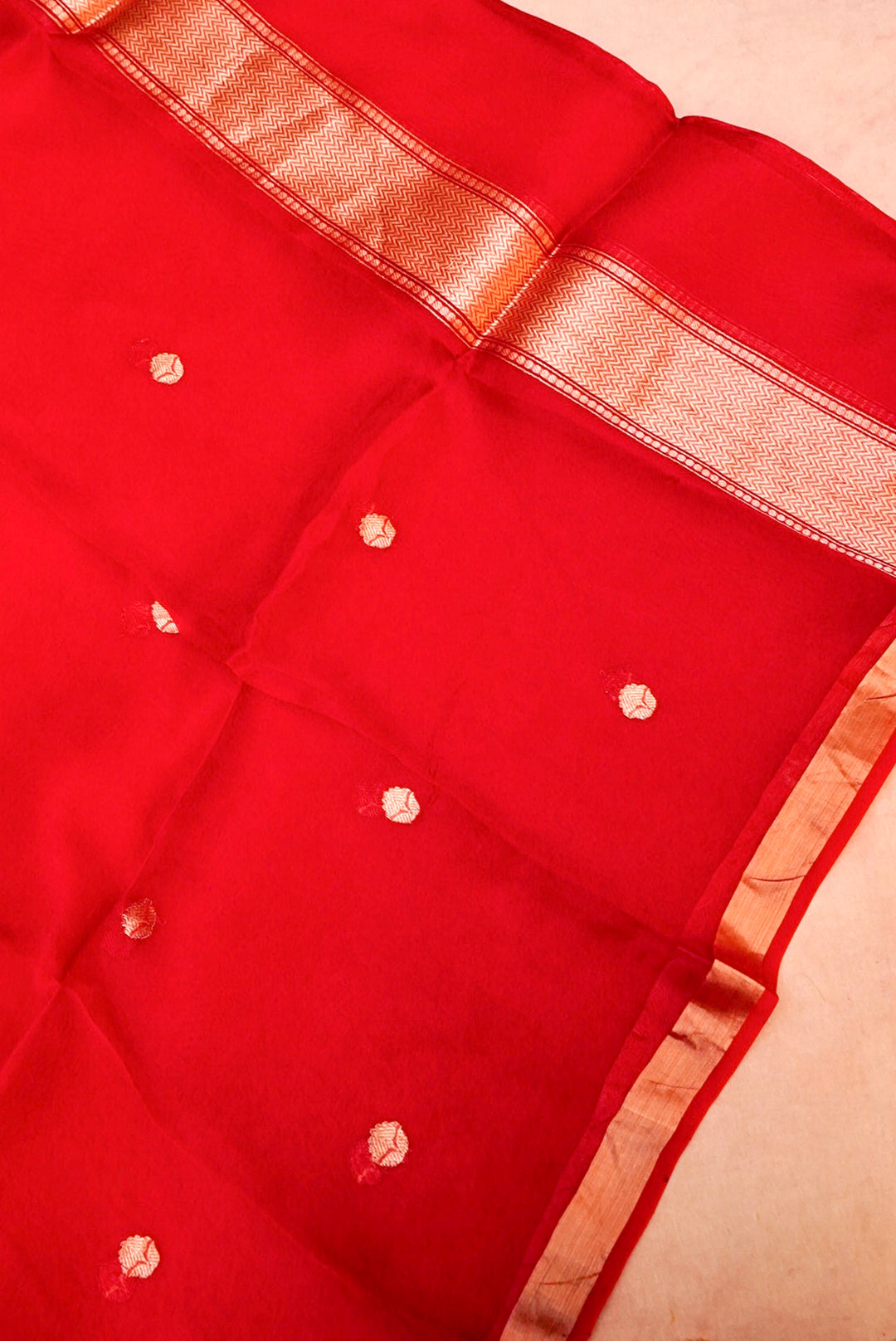 Red Bridal Handloom Raw Silk Suit with Pitta Zari Neckline and Organza Dupatta