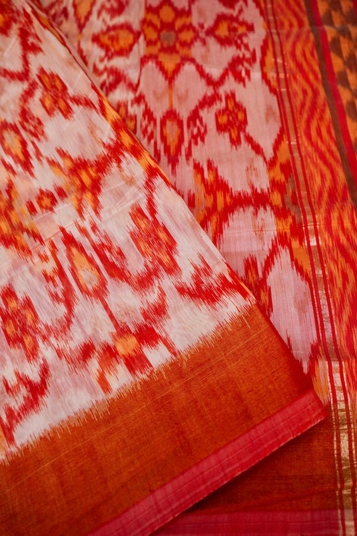 White Patola Cotton Silk Saree with Multi-Color Geometric Design