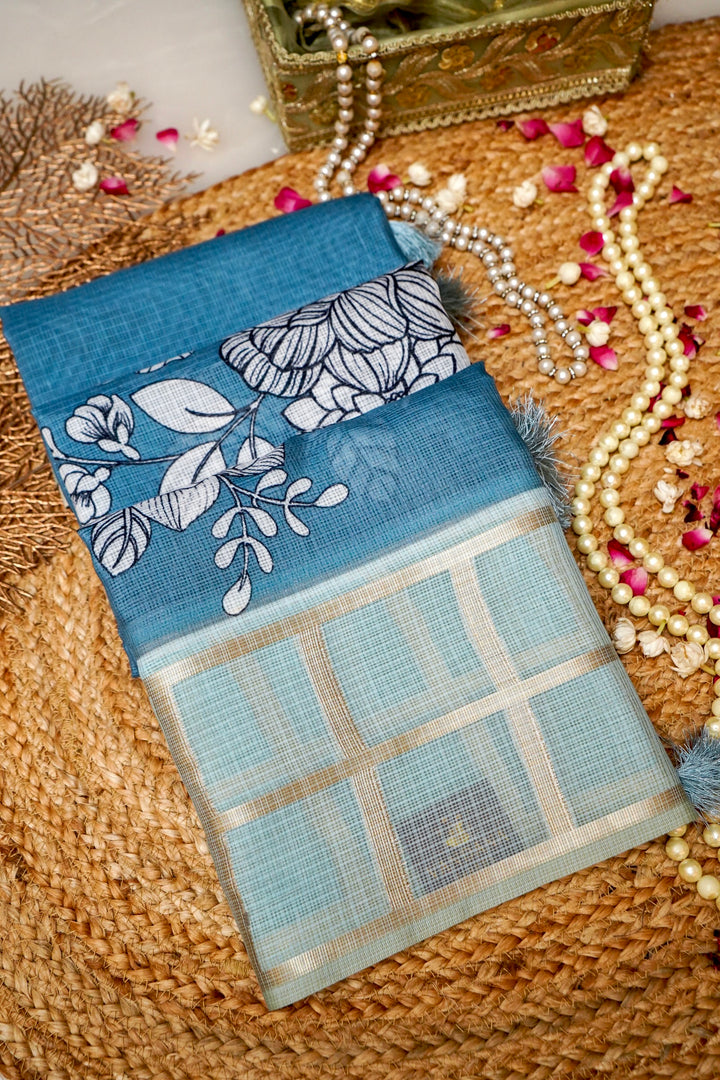 Glacier Blue Kota Check Saree with Printed Body and Zari Weave Check Border View 1