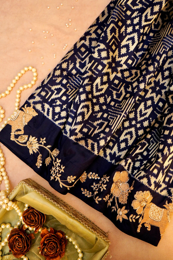 Neelkantha – Designer Navy Blue Pure Patola Silk Zardozi Work Saree