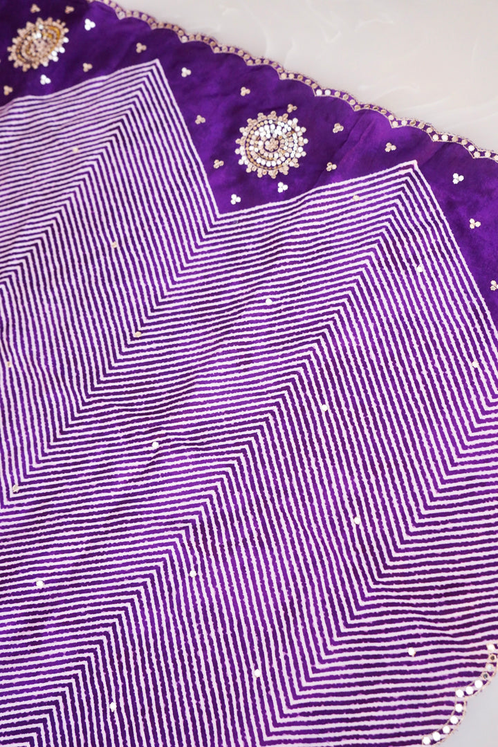 Purple Crepe Silk Saree with Geometric Design &amp; Mirror Work
