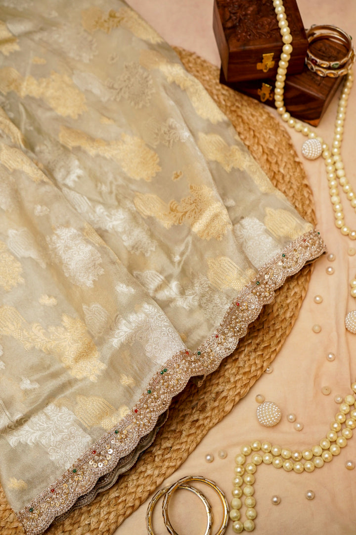 Rose Gold Sona Rupa Glow Designer Tissue Silk Embroidery Saree View 1