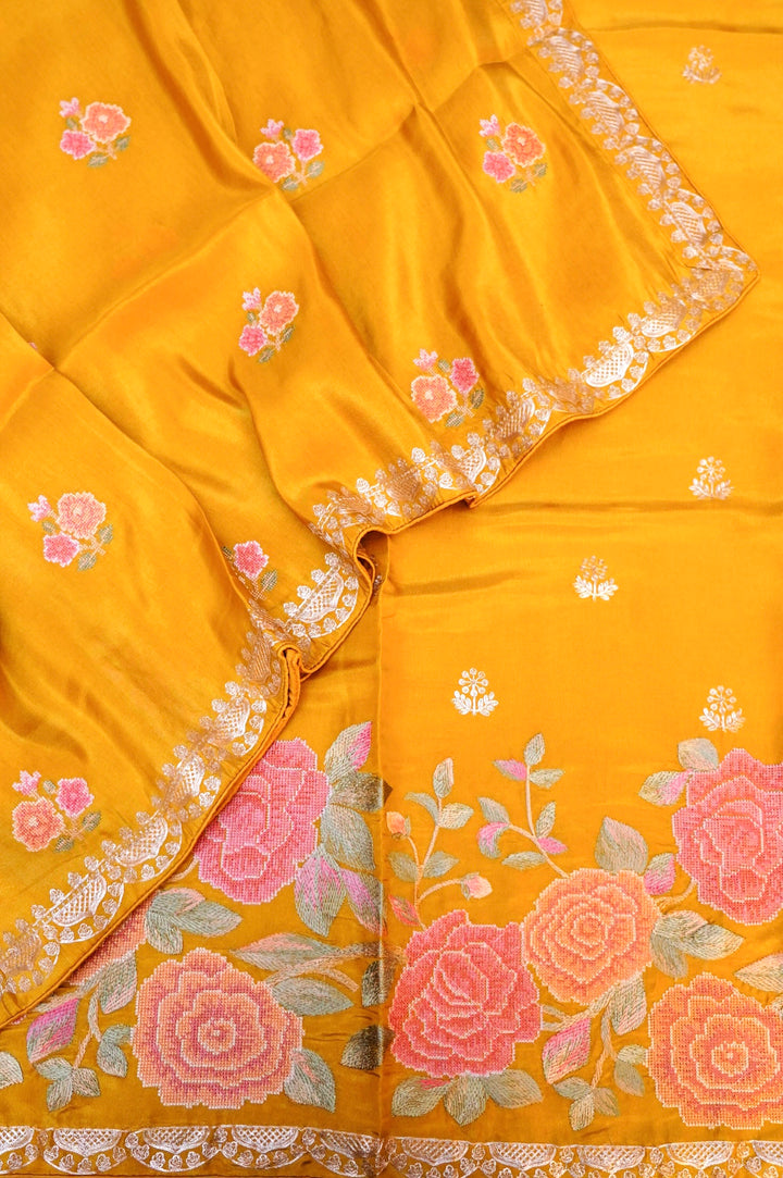 Yellow Crepe Tissue Silk Suit Set with Pitta Zari Embroidery Work