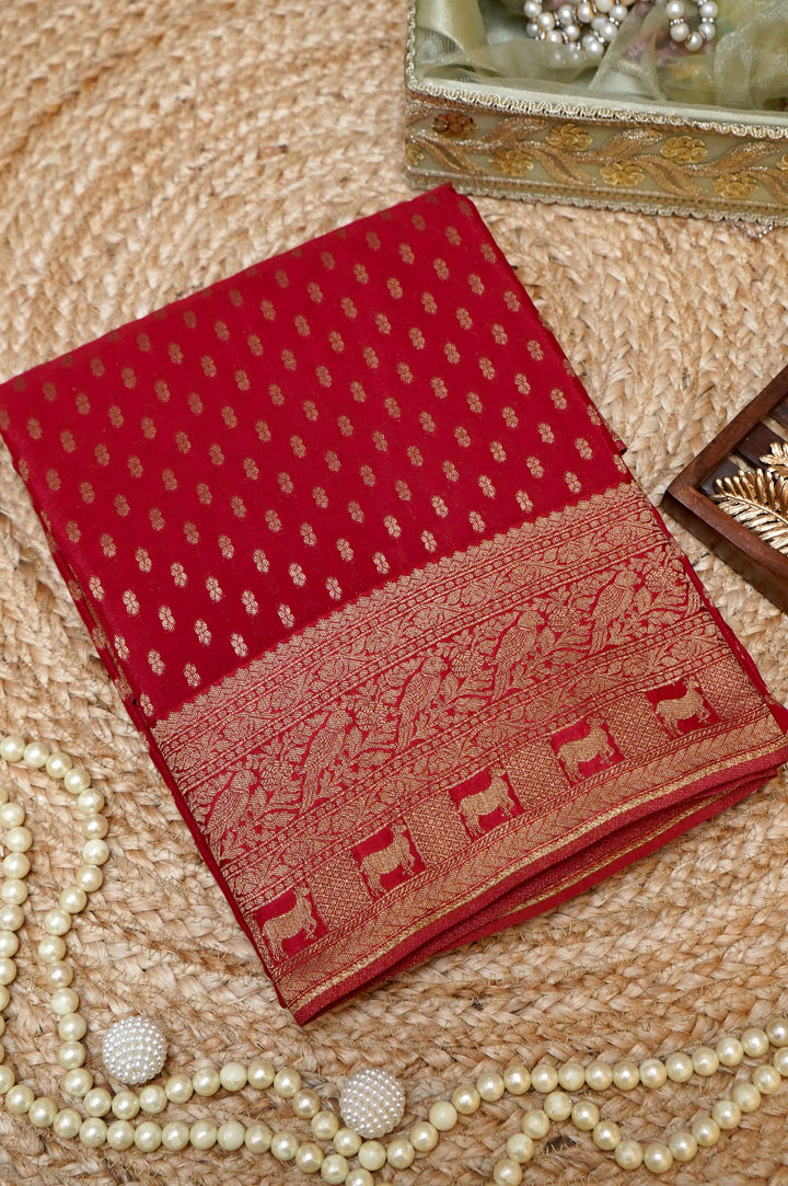 Striking Cherry Red Banarasi Chinon Georgette Saree with Antique Zari Figure Motifs