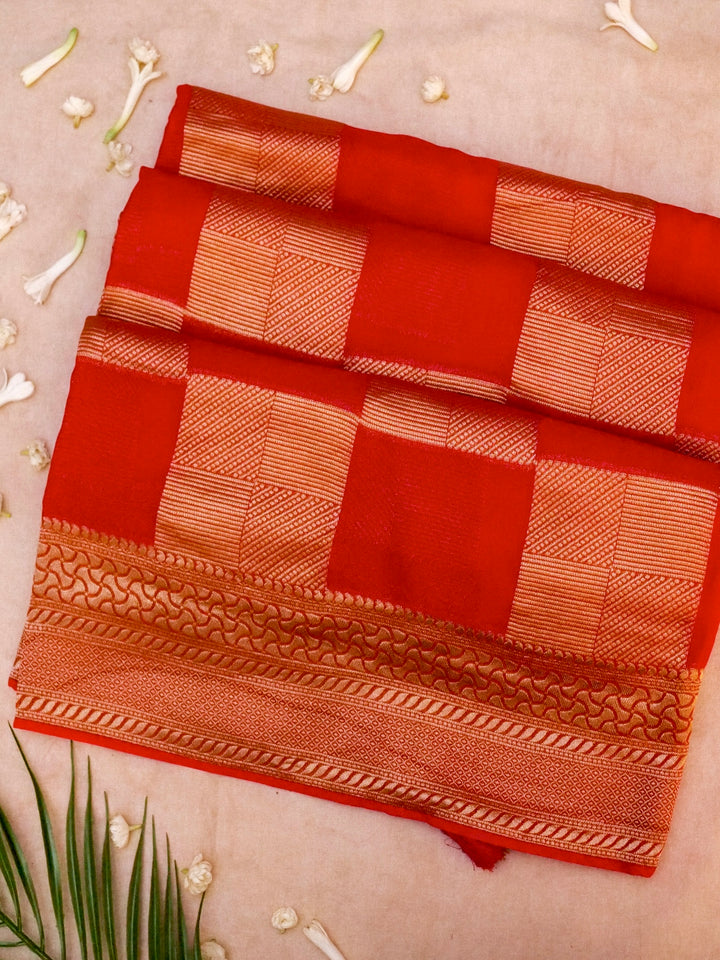 Vibrant Red Banarasi Khaddi Georgette Saree with Exquisite Zari Weave Checks