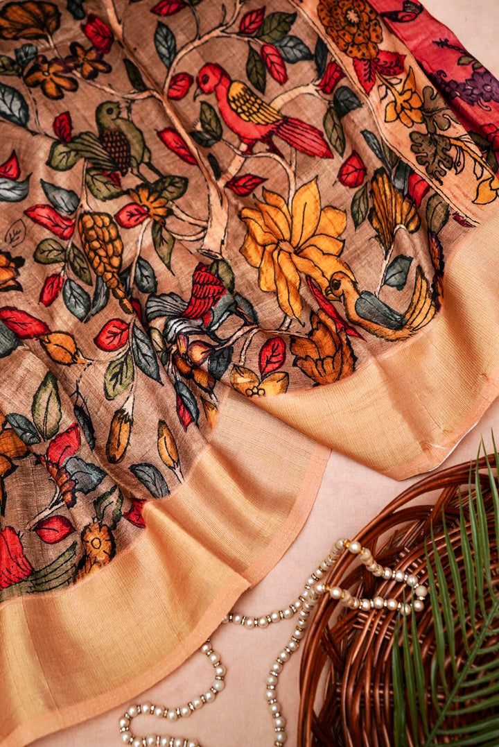 Tan Brown Tussar Silk Saree with Kalamkari Floral and Figure Print
