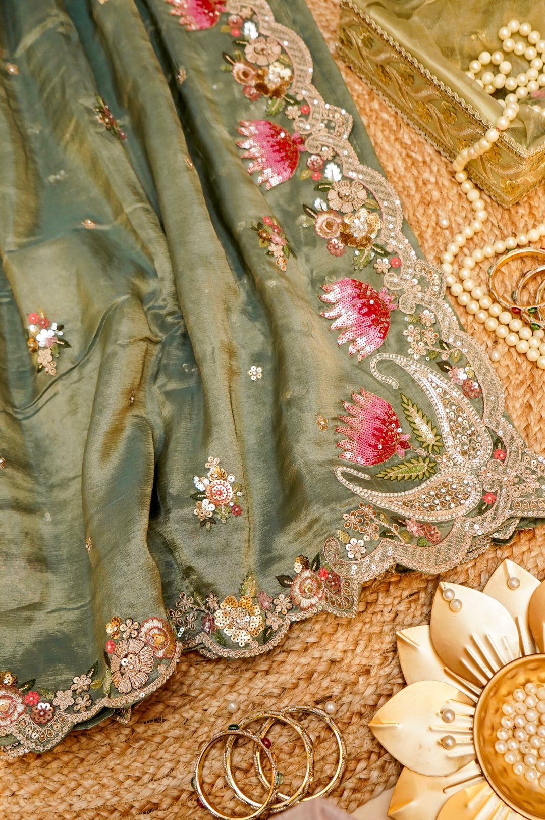 Sage Green Designer Tissue Silk Saree with Pichwai Lotus Embroidery View 1