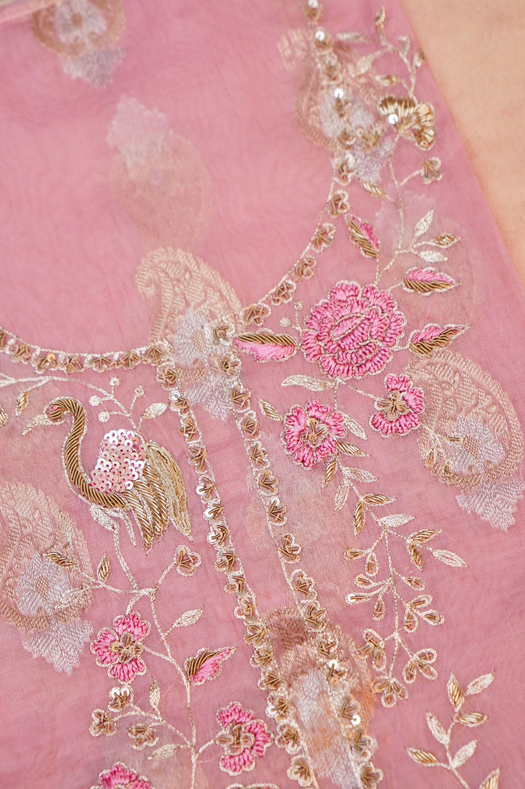 Unstitched Pastel Pink Pure Muslin Silk Suit with Hand Embroidery