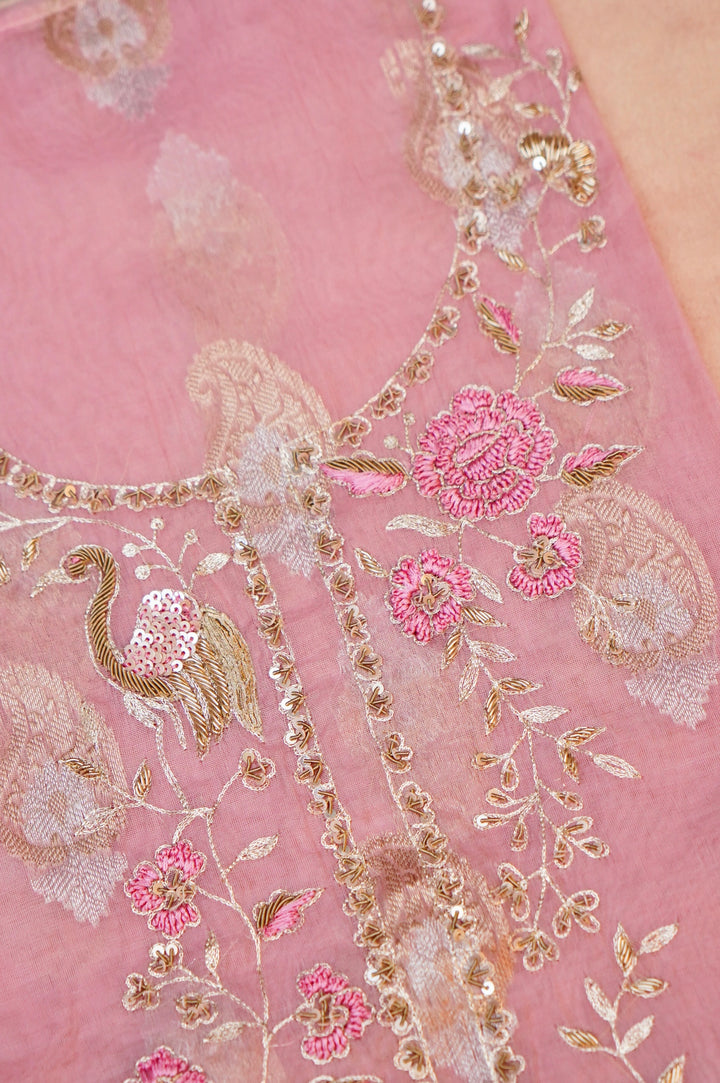 Unstitched Pastel Pink Pure Muslin Silk Suit with Hand Embroidery