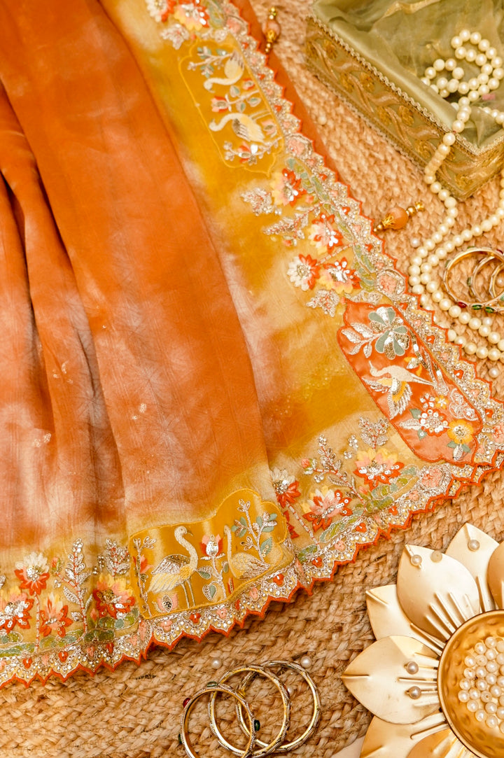 Designer Rust Orange Tissue Silk Meenakari Embroidery Saree View 6