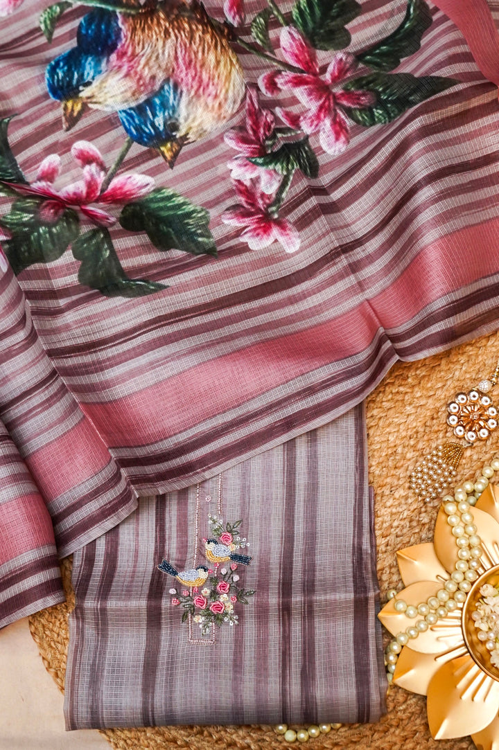Multicolor Pure Kota Suit Set with Pearl Embroidered Neckline Floral Printed Dupatta View 1
