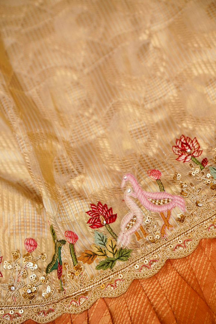 Beige Gold and Orange Lehenga Pattern Half Half Tissue Silk Meenakari Embroidery Saree View 10