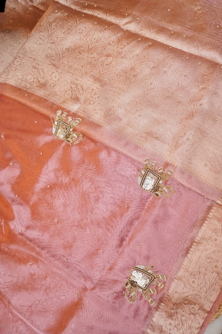 Maharani Tissue Silk Elephant Motif Hand Embroidery Saree
