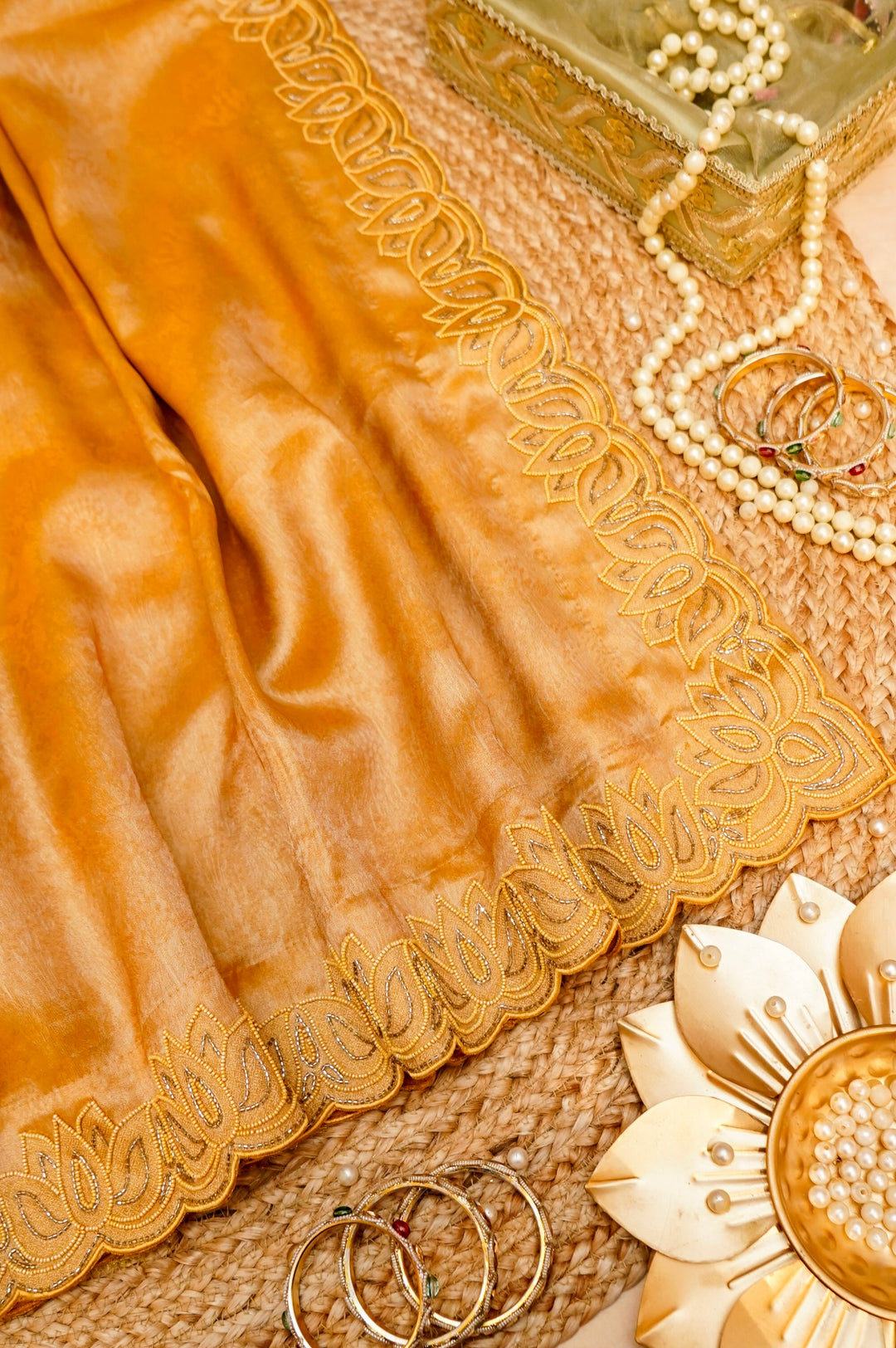 Golden Soft Silk Saree with Pearl and Cutdana Embroidery View 1