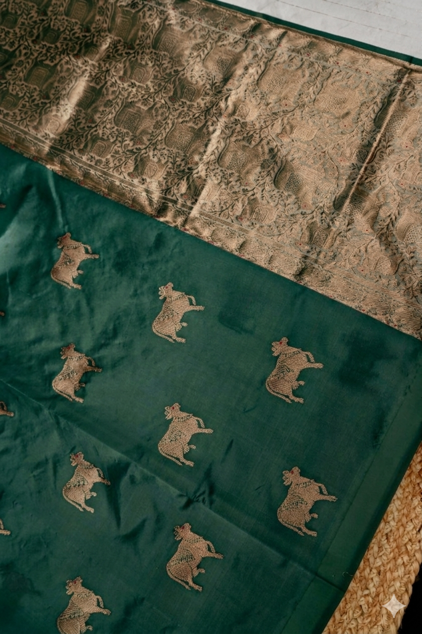 Bottle Green Handwoven Banarasi Pure Puna Silk Saree with Zari Nandi Motif