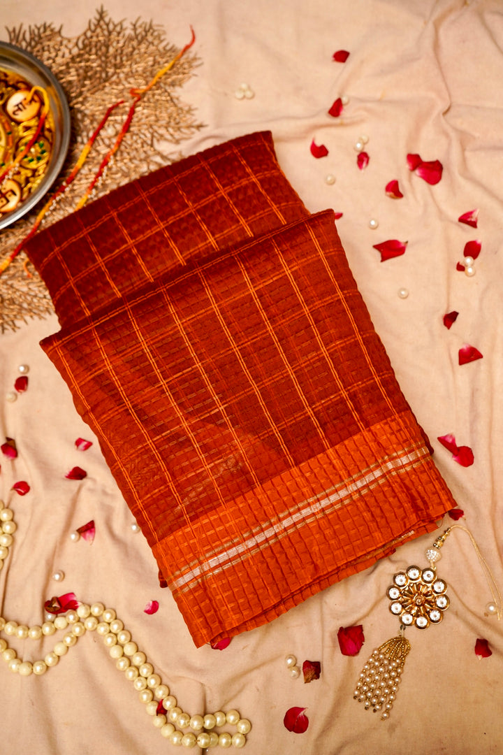Rust Orange Checkered Grace Pure Banarasi Crush Organza Silk Saree Cover View