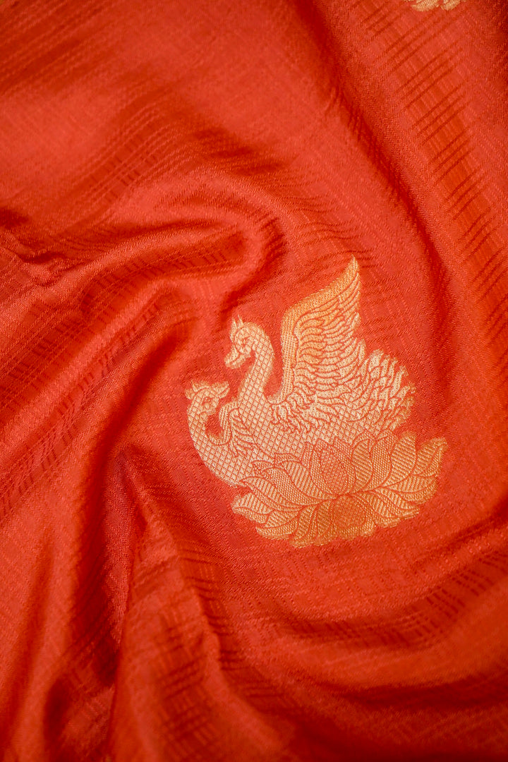 Coral Orange Soft Silk Saree with Designer Buddha Inspired Blouse View 4