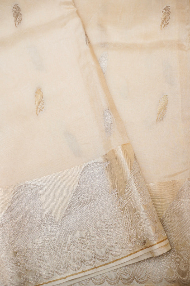 Cream Raw Mango Inspired Banarasi Saree with Zari Weave Birds Motif