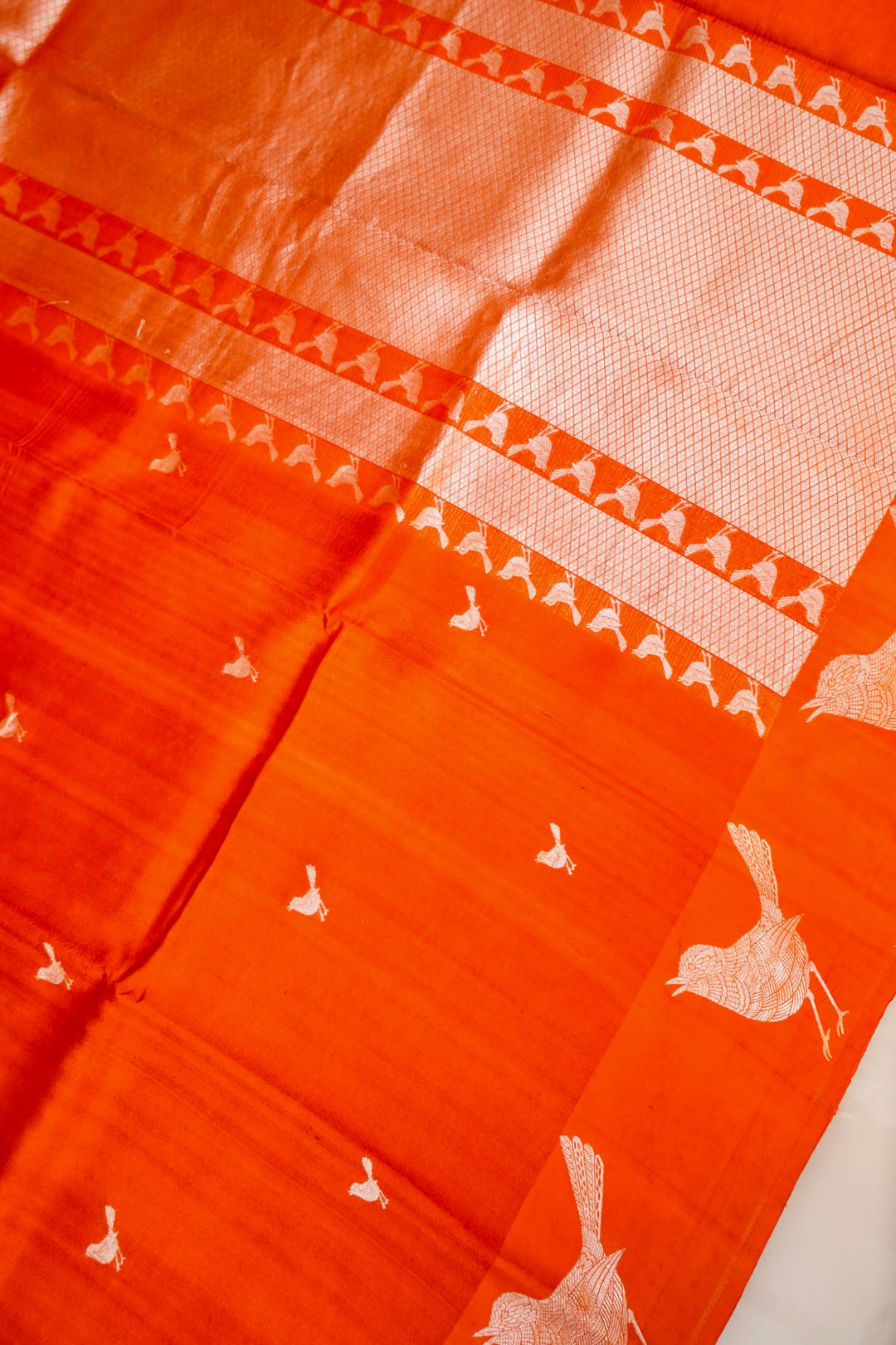 Rust Handwoven Bridal Banarasi Katan Silk Saree with Golden Zari Bird Motifs