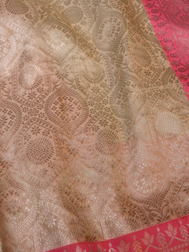 Beige Banarasi Brocade Silk Saree with Pink Contrast Border and Pallu