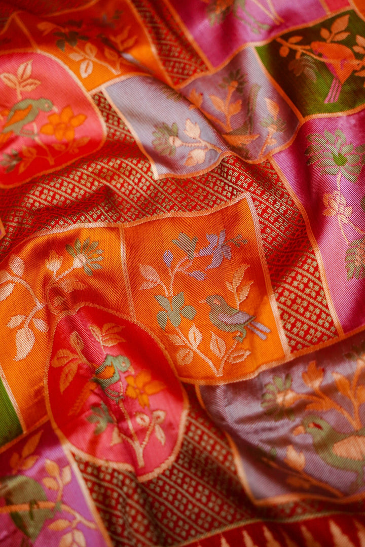 Handwoven Red Banarasi Pure Katan Silk Saree with Meenakari Floral & Bird Motifs