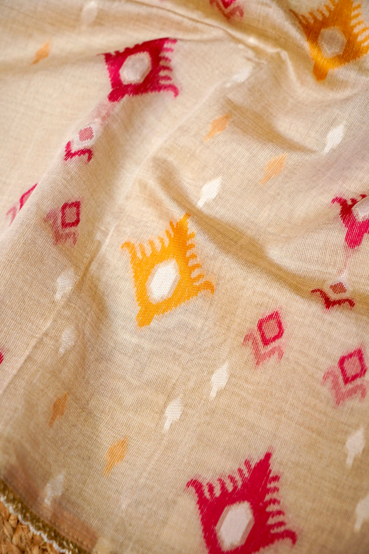 Off White Ikat Print Unstitched Suit Set