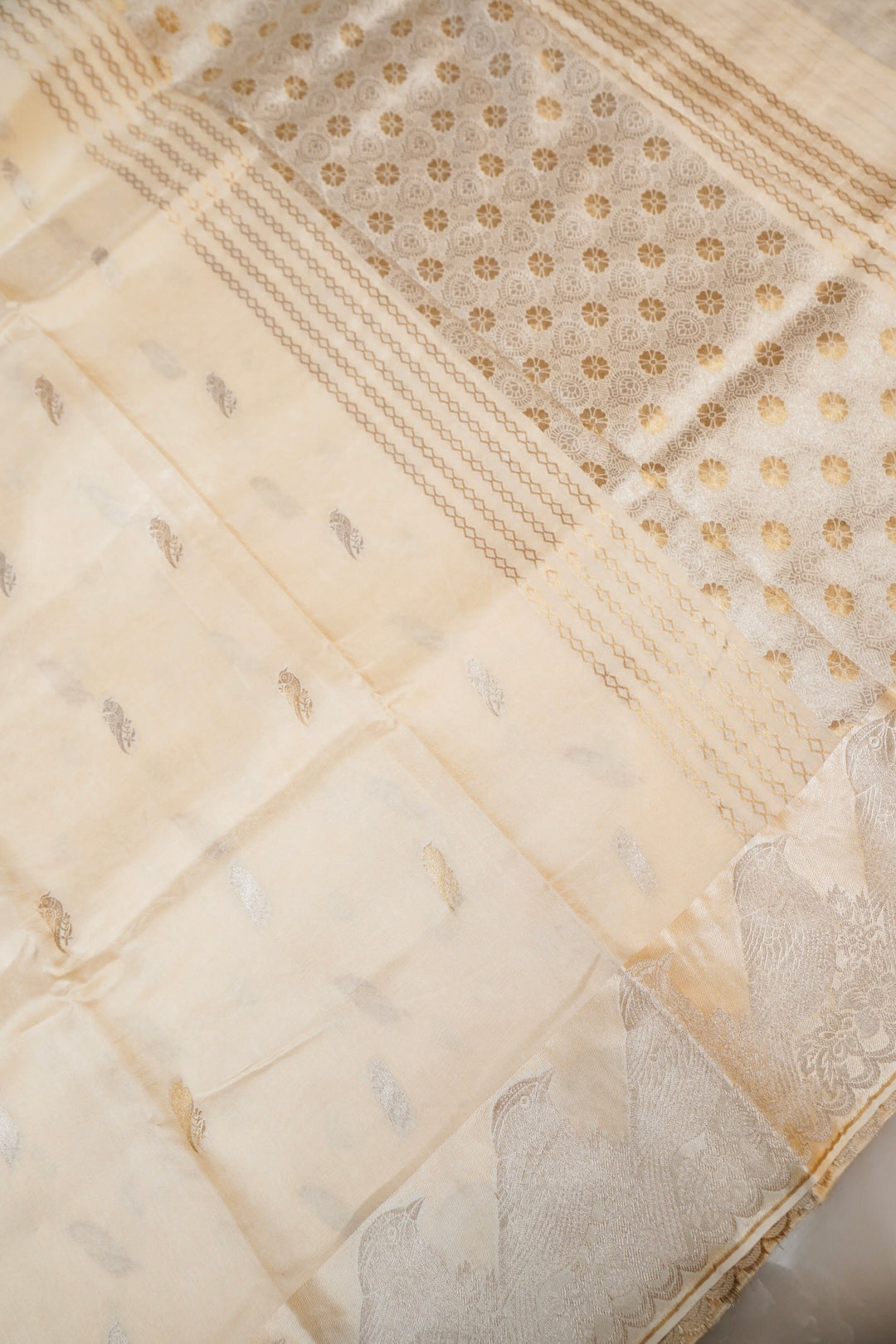 Cream Raw Mango Inspired Banarasi Saree with Zari Weave Birds Motif
