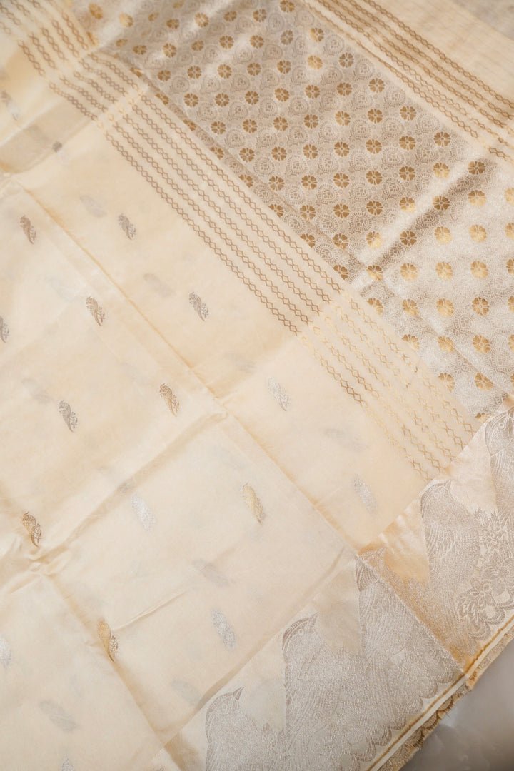 Cream Raw Mango Inspired Banarasi Saree with Zari Weave Birds Motif