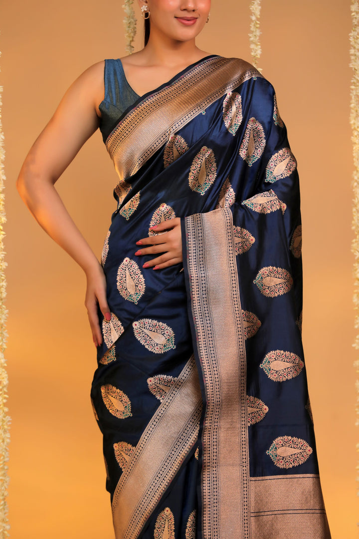 handwoven teal blue banarasi pure katan silk meenakari nita ambani inspire saree front close view