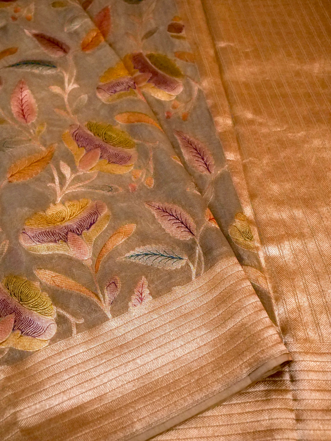 Banarasi Grey Meenakari Khaddi Georgette Saree with handbrush Meena