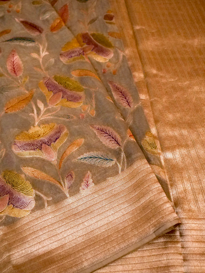 Banarasi Grey Meenakari Khaddi Georgette Saree with handbrush Meena