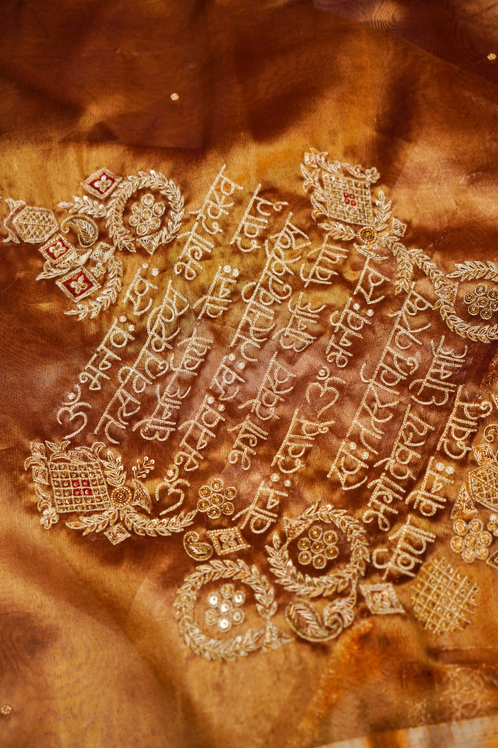 Copper Brown Banarasi Maharani Tissue Silk Saree with Gayatri Mantra Pallu & Scallop Border