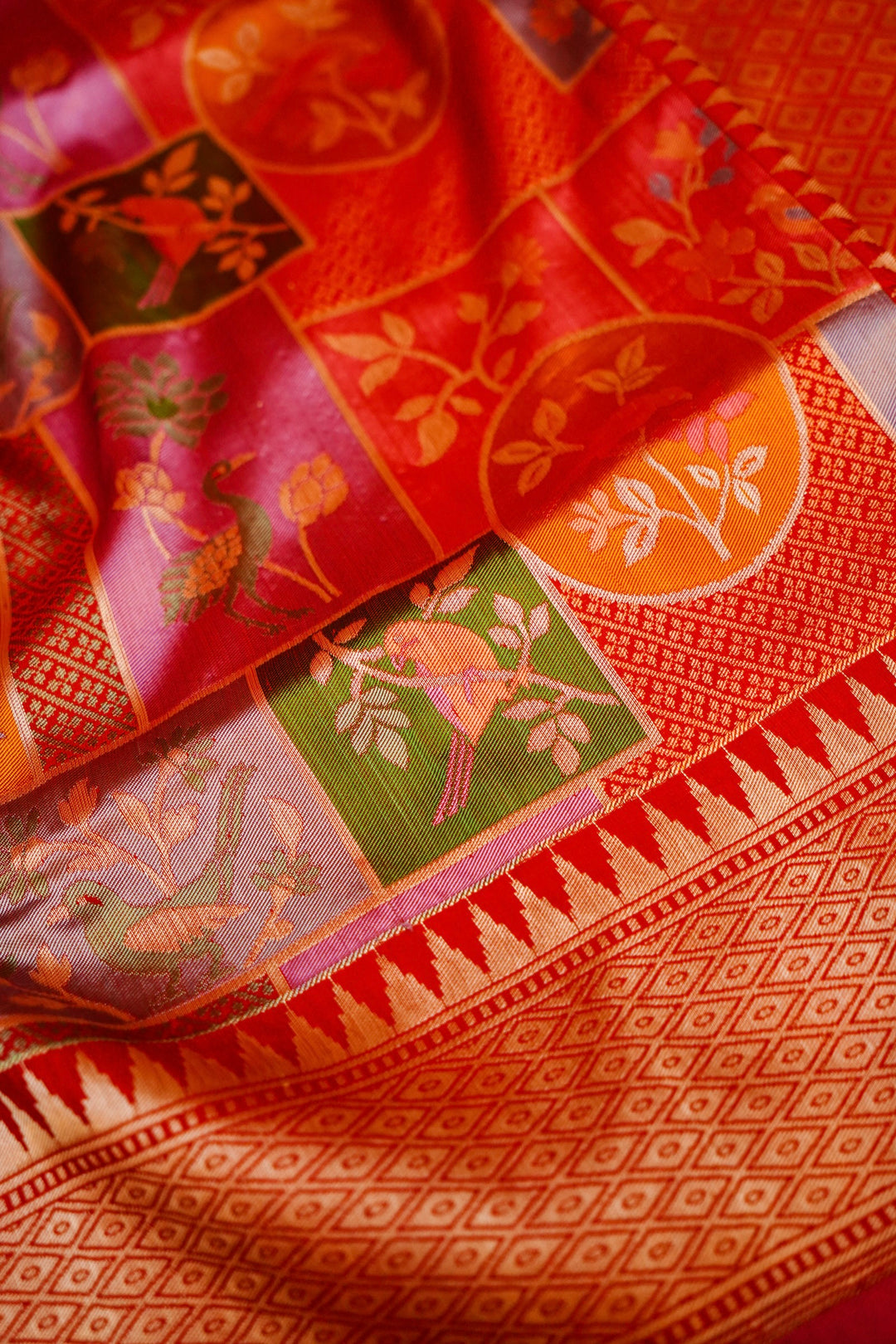 Handwoven Red Banarasi Pure Katan Silk Saree with Meenakari Floral & Bird Motifs